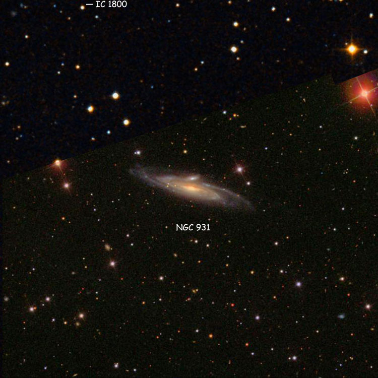 SDSS image of region near spiral galaxy NGC 931, overlaid on a DSS background to fill in missing areas