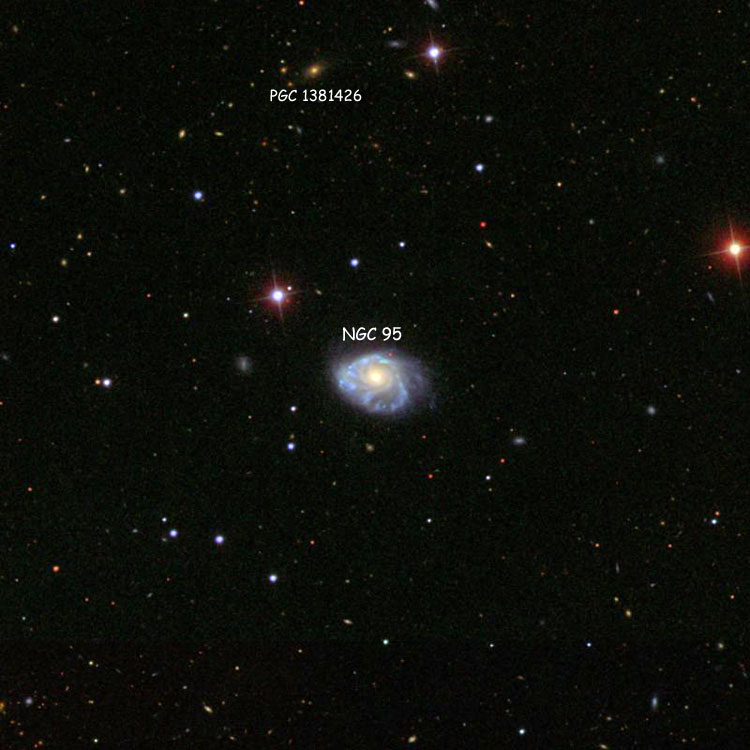 SDSS image of region near spiral galaxy NGC 95, also showing PGC 1381426