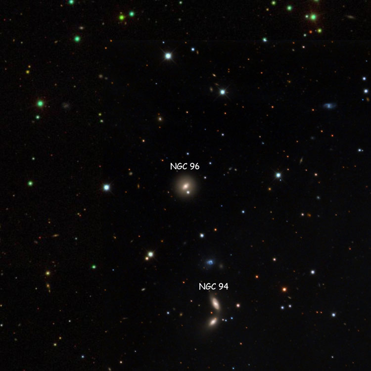Mount Lemmon SkyCenter image of region near lenticular galaxy NGC 96, also showing NGC 94, superimposed on an SDSS background to fill in missing areas