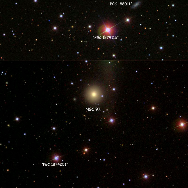 SDSS image of region near elliptical galaxy NGC 97, also showing some PGC objects