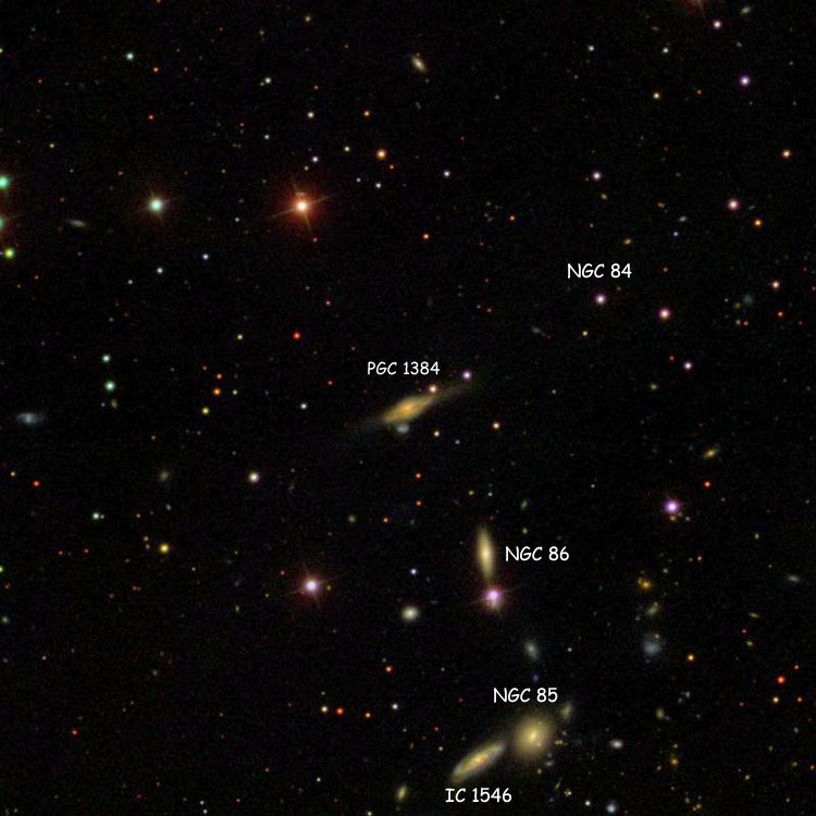 SDSS image of region near spiral galaxy PGC 1384, which is sometimes misidentified as NGC 84; also shown are the star that is NGC 84, and NGC 85, NGC 86 and IC 1546