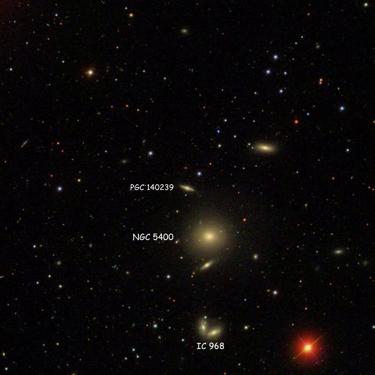 SDSS image of region near lenticular galaxy PGC 140239, a probable member of the group of galaxies including NGC 5400, also showing NGC 5400 and IC 698
