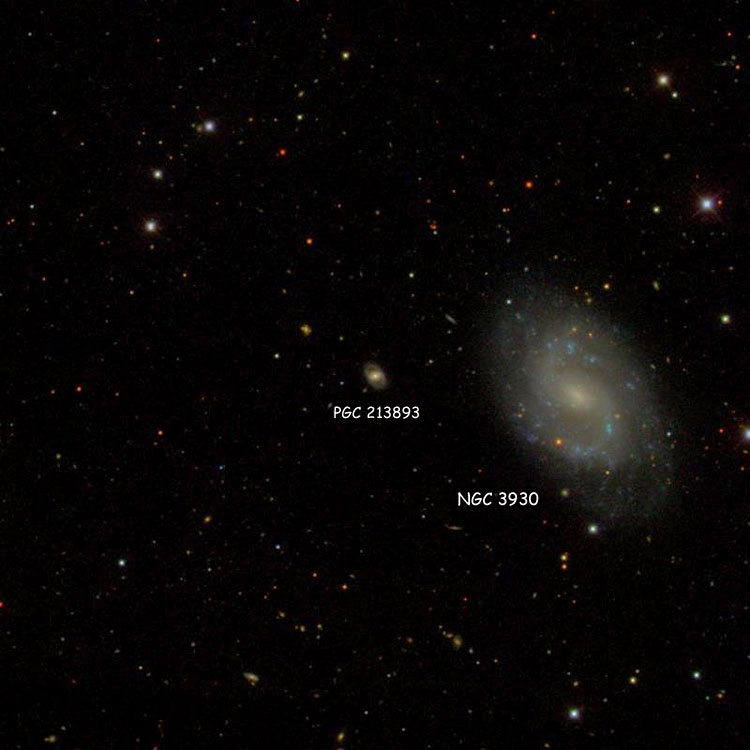 SDSS image of region near spiral galaxy PGC 213893, which is sometimes called NGC 3930A, also showing NGC 3930