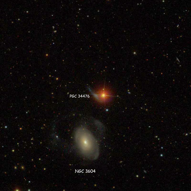 SDSS image of region near irregular galaxy PGC 34476, also showing NGC 3604