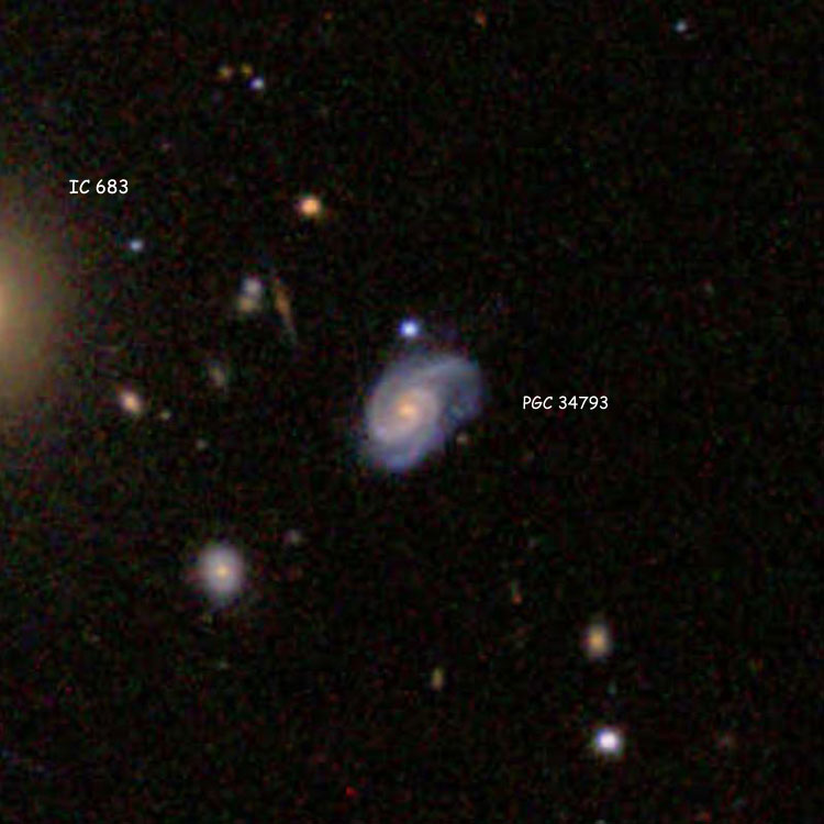 SDSS image of spiral galaxy PGC 34793, which is sometimes misidentified as IC 683; also shown is part of the elliptical galaxy that is IC 683