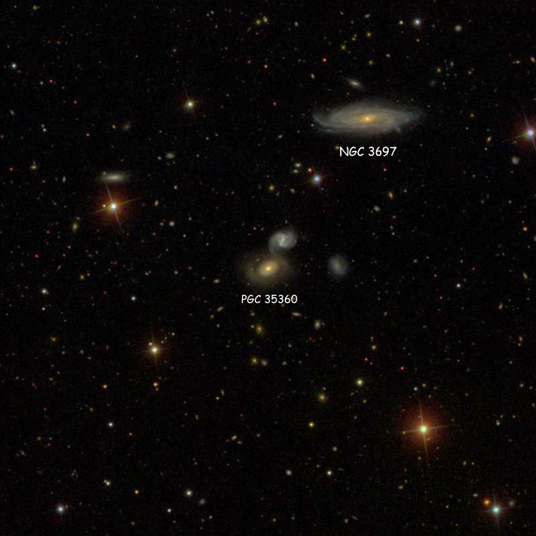 SDSS image of region near lenticular galaxy PGC 35360, which is a member of Hickson Compact Group 53, also showing NGC 3697, which is also a member of HCG 53