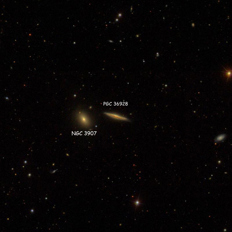 SDSS image of region near spiral galaxy PGC 36928, which is sometimes called NGC 3907B, also showing NGC 3907
