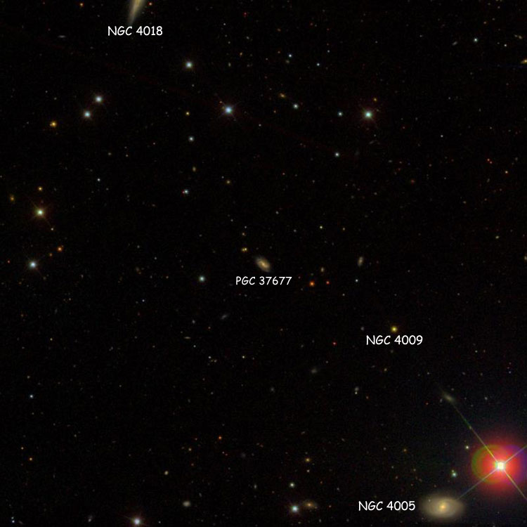 SDSS image of region near spiral galaxy PGC 37677, which is often misidentified as NGC 4009, also showing NGC 4005, NGC 4018 and the star that actually is NGC 4009