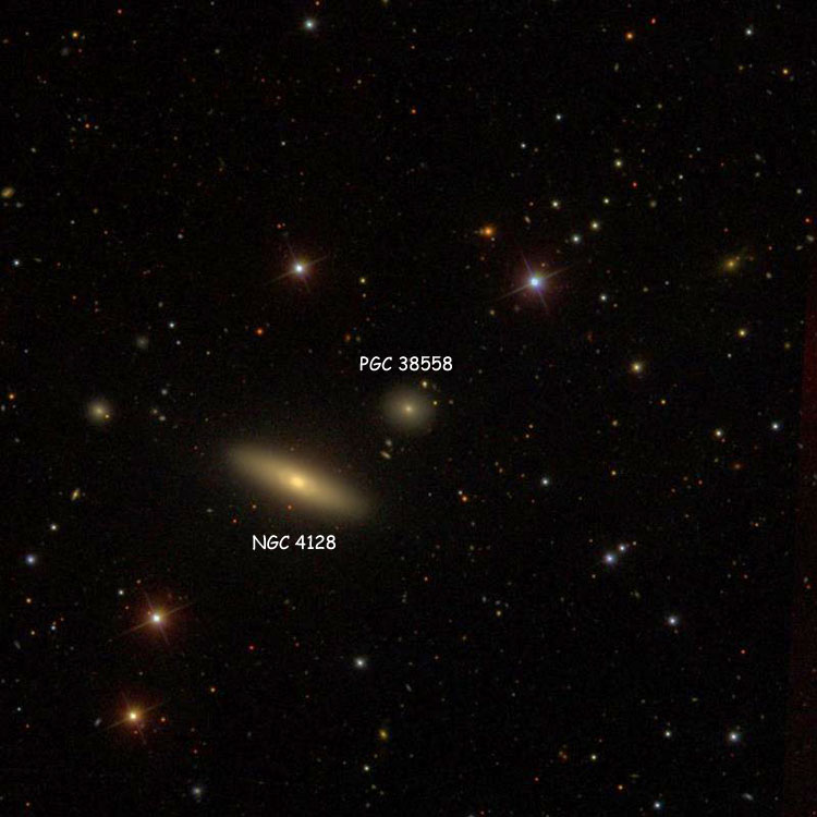 SDSS image of region near lenticular galaxy PGC 38558, which is sometimes called NGC 4128A, also showing NGC 4128