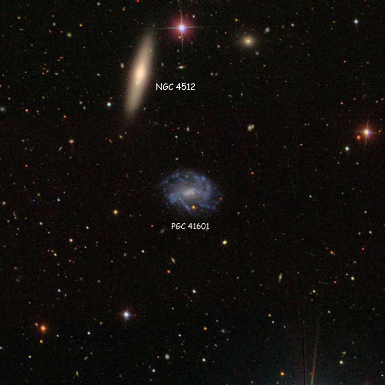 SDSS image of region near spiral galaxy PGC 41601, which is sometimes misidentified as NGC 4512; also shown is the lenticular galaxy that is actually NGC 4512