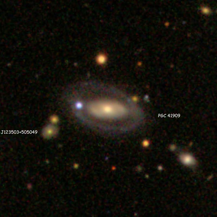SDSS image of spiral galaxy PGC 41909, which is sometimes misidentified as NGC 4537; also shown (as J123503+505049) is the QSO whose recessional velocity was mis-assigned to PGC 41909