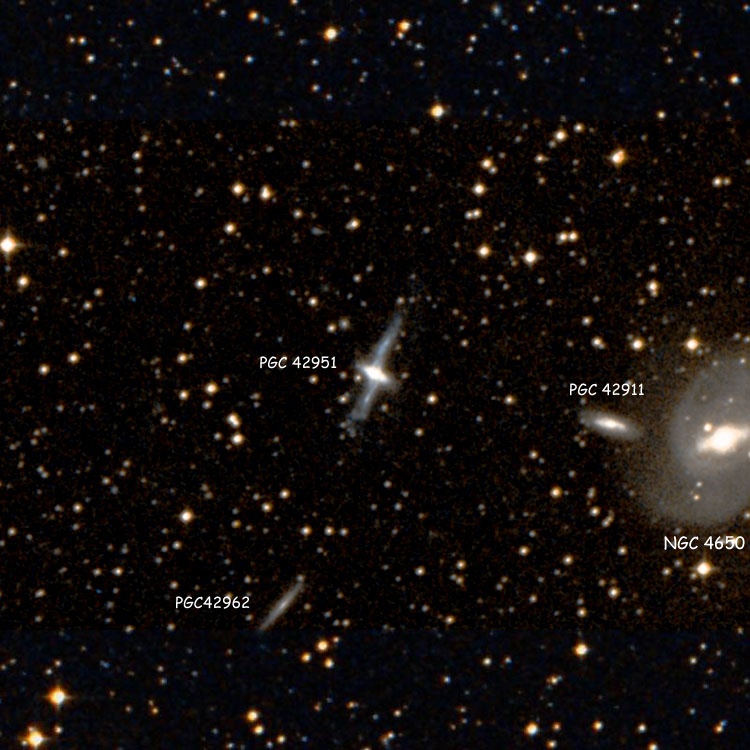 DSS image of region near polar ring galaxy PGC 42951, also known as NGC 4650A, also showing NGC 4950, PGC 42911 and PGC 42962