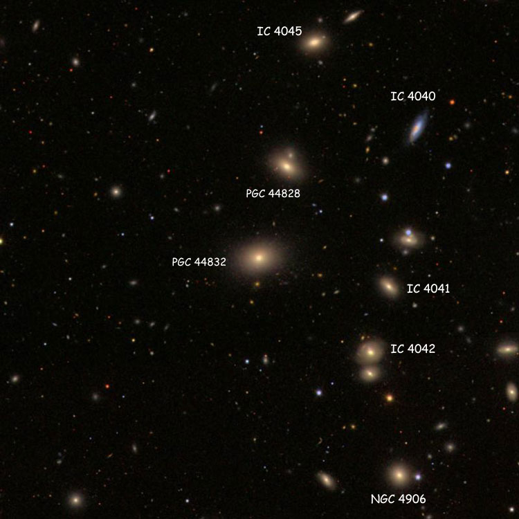 SDSS image of region near elliptical galaxy PGC 44832, which is probably NGC 4908, but is often called IC 4051. Also shown is PGC 44828, which is probably IC 4051, but is often called NGC 4908. Also shown are NGC 4906, IC 4040, 4041, 4042 and 4045