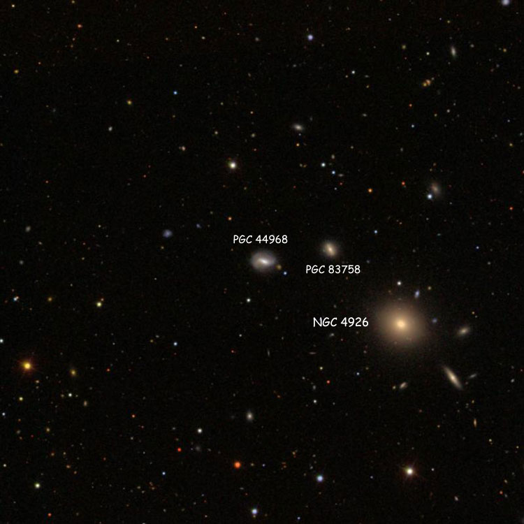 SDSS image of region near lenticular galaxy PGC 44968, also known as NGC 4926A; also shown are NGC 4926, and PGC 83758, also known as NGC 4926B
