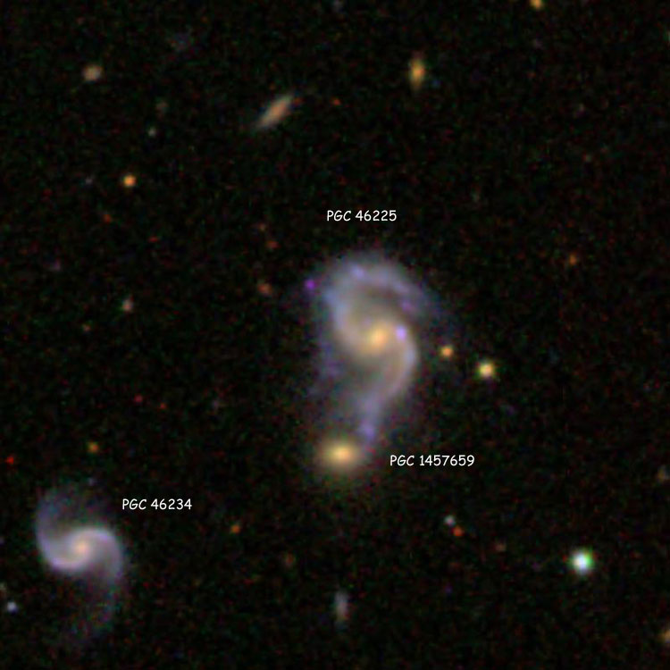 SDSS image of spiral galaxy PGC 46225 and its companion, PGC 1457659, which comprise Arp 57; also shown is spiral galaxy PGC 46234
