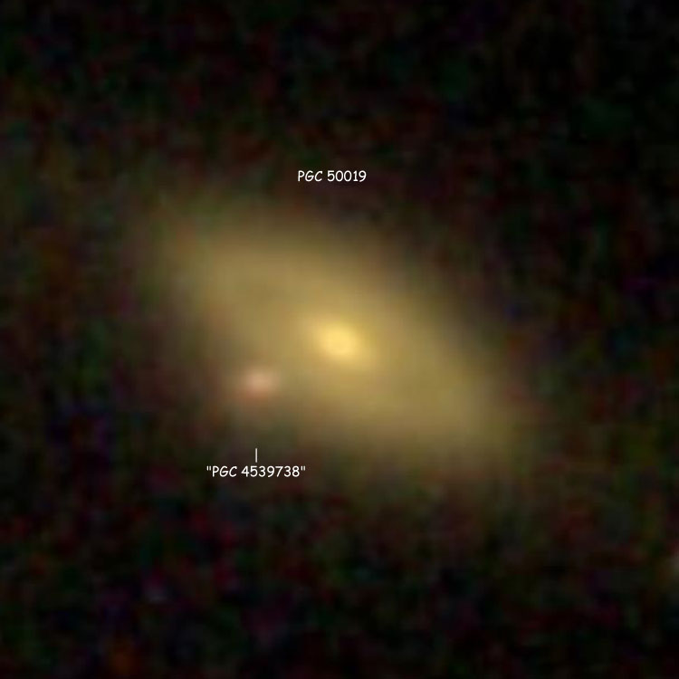 SDSS image of lenticular galaxy PGC 50019, also showing its far more distant 'companion', PGC 4539738