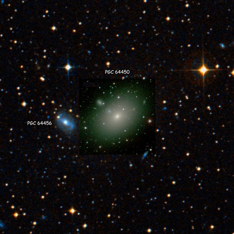 Carnegie-Irvine Galaxy Survey image of lenticular galaxy PGC 64450, which is usually (mis)identified as IC 4991, superimposed on a DSS image of the region near the galaxy