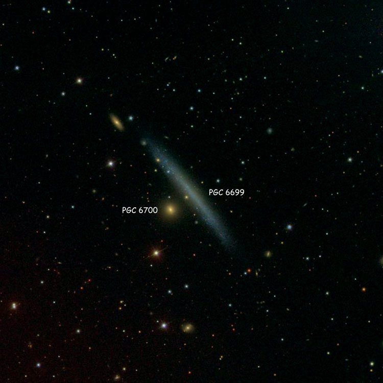 SDSS image of region near spiral galaxy PGC 6699, also showing PGC 6700