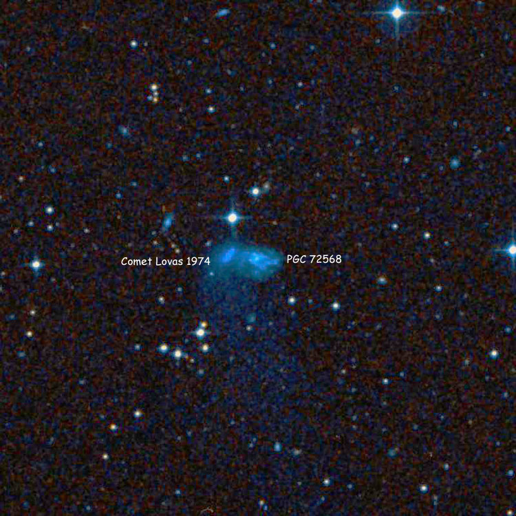 DSS image of region near spiral galaxy PGC 72568, also showing the comet that happened to be to its east at the time the blue DSS plate was exposed