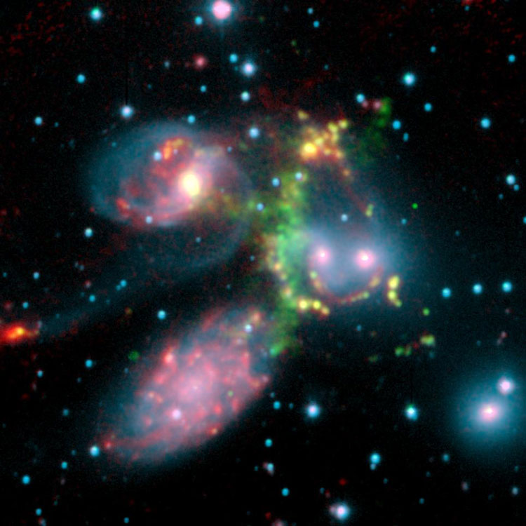 Spitzer Space Telescope infrared image of Stephans Quintet, also known as Arp 319 and Hickson Compact Group 92