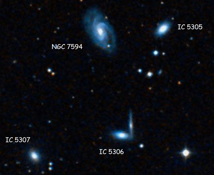 Wikisky image of IC 5305 on right, NGC 7594 on left, IC 5306 bottom center, and IC 5307 bottom left