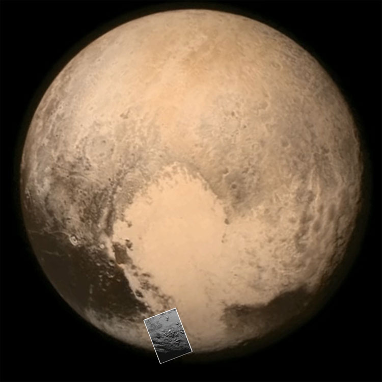 A superposition of the closeup image of ice mountains on Pluto on an image of the entire planet, to show the location of the closeup