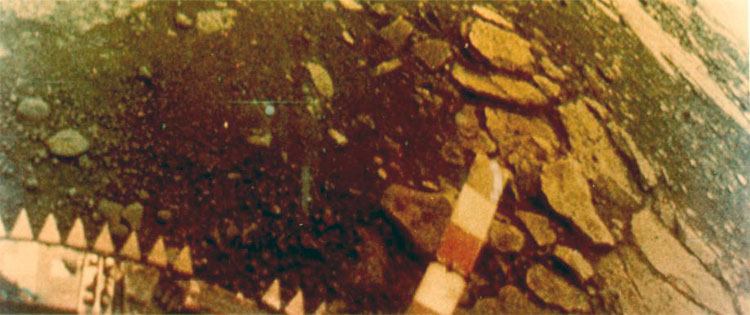 Color version of the right half of one of the images taken by the Vera 13 lander on Venus
