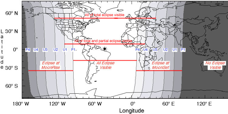Image of the places on the Earth where the total lunar eclipse of Sep 27 - 28, 2015 will or will not be visible