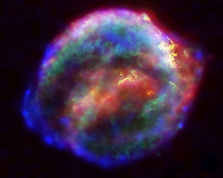 Composite of visible, infrared and X-ray images from the Hubble, Spitzer and Chandra telescopes of the remnant of Kepler's Supernova of 1604