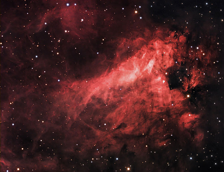 Misti Mountain Observatory image of emission nebula and open cluster NGC 6618, also known as M17, or the Swan Nebula
